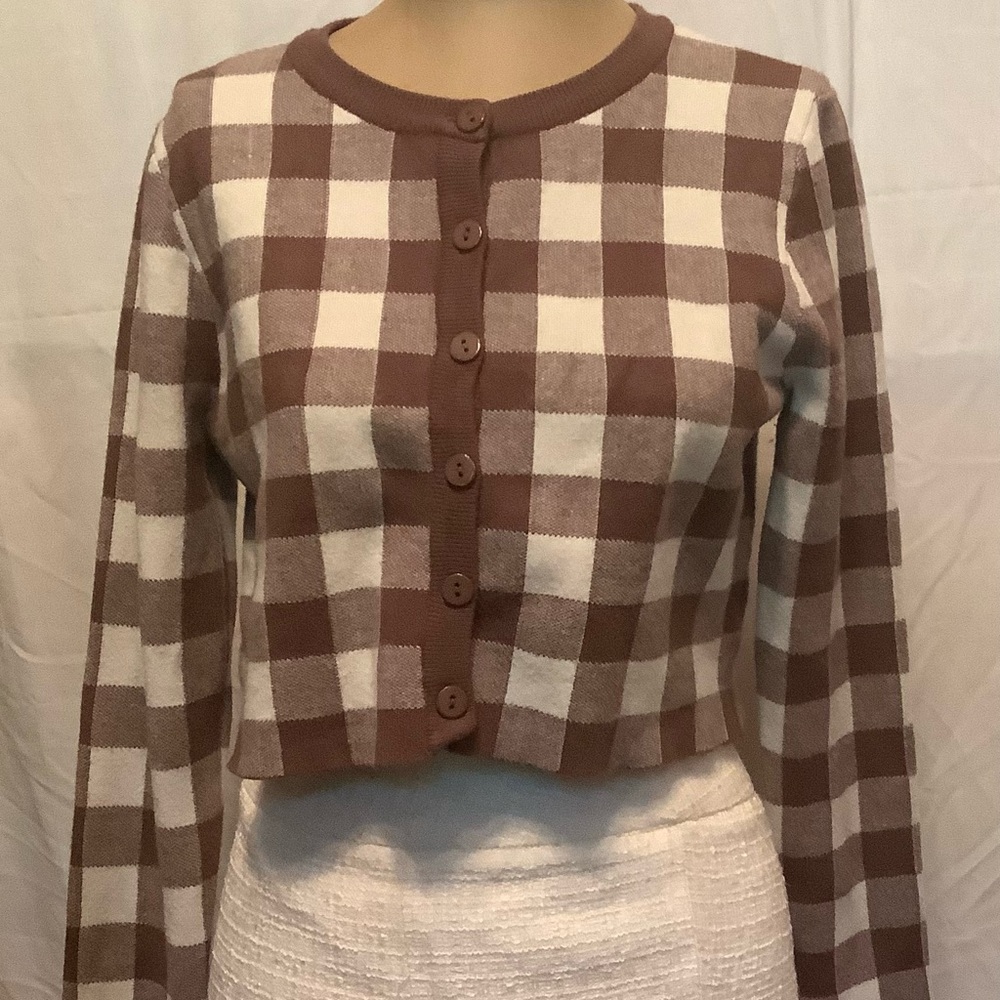 Altar'd State Coquette Brown and Cream Checkered Sweater